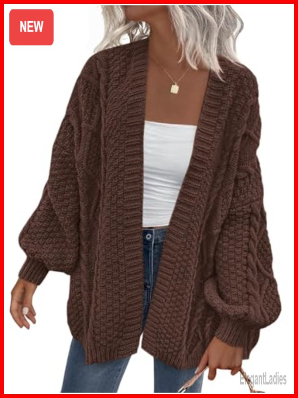 Cable Knit Open Front Cardigan Lantern Sleeve Chunky Sweater Women's
